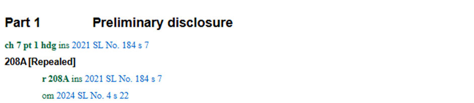 Screenshot showing rule 208A was repealed